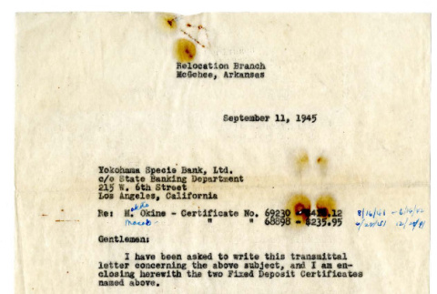 Letter from Carson Boothe, Project Attorney, [War] Relocation [Center] Branch, to Yokohama Specie Bank, Ltd., September 11, 1945 (ddr-csujad-5-90)