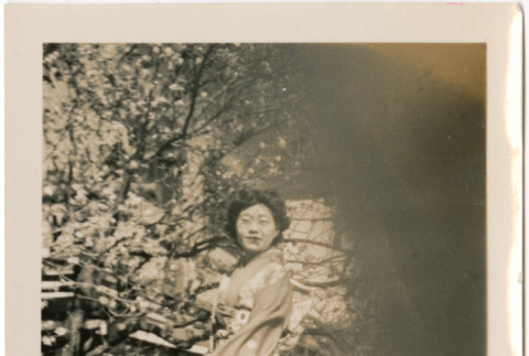 Tomoye (Nozawa) Takahashi in kimono standing in garden (ddr-densho-426-1867)