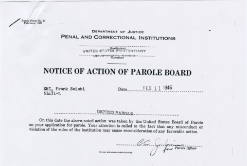 Denial of parole for Frank Emi (ddr-densho-122-495)