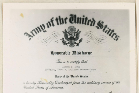 Honorable discharge for Arthur K. Goto (ddr-densho-37-2071)