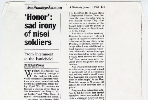 San Francisco Examiner review of Nisei Soldier and The Color of Honor (ddr-densho-1007-1370)