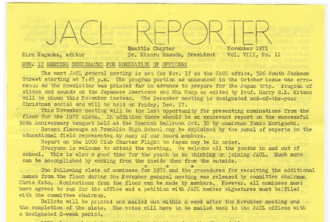 Seattle Chapter, JACL Reporter, Vol. VIII, No. 11, November 1971 (ddr-sjacl-1-136)