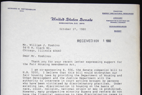 Letter to William Yoshino from Howard Metzenbaum (ddr-chijacl-1-323)