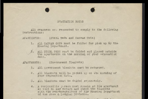 Evacuation notes from Clifton E. Snelson, Director Mess & Lodging Division (ddr-csujad-55-120)