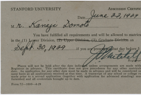 Admission certificate to Stanford University (ddr-densho-329-896)