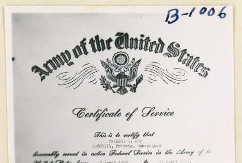 Certificate of service for Takeshi Abo (ddr-densho-37-1985)