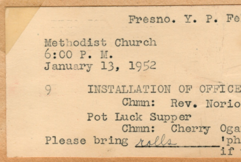 Fresno Y.P. Fellowship installation of officers announcement (ddr-densho-341-184)