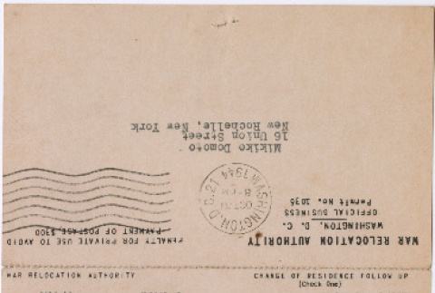 Acknowledgment of change of address request for Mikiko Domoto (ddr-densho-329-969)