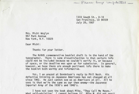 Letter from Cliff [Uyeda] to Michi Weglyn, July 20, 1987 (ddr-csujad-24-39)
