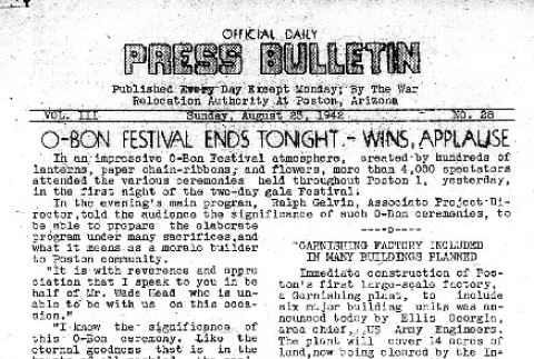 Poston Official Daily Press Bulletin Vol. III No. 28 (August 23, 1942) (ddr-densho-145-89)