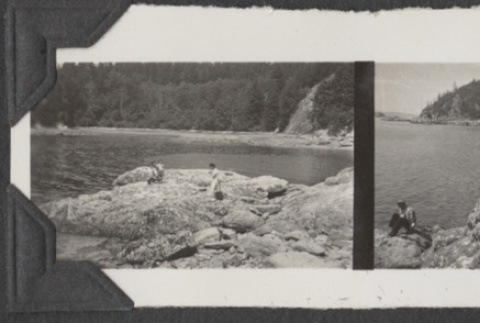 Trio of photos of people sitting on rocks by water's edge (ddr-densho-466-927)