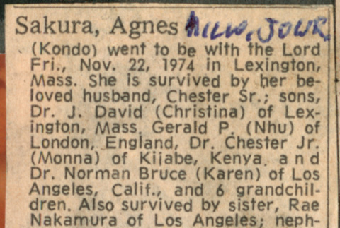 Agnes Sakura obituary clipping from Milwaukee Journal (ddr-densho-523-670)