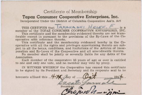 Membership certificates for Topaz Consumers Co-op (ddr-densho-410-610)