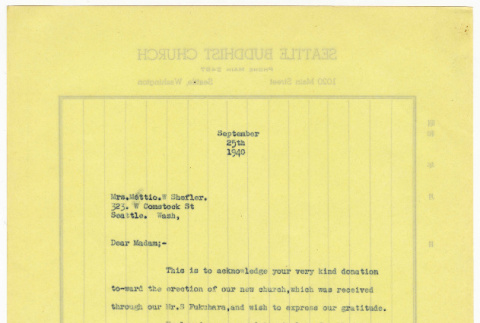 Letter from the Seattle Buddhist Church to Mrs. Mettio W. Shefler (ddr-sbbt-4-26)