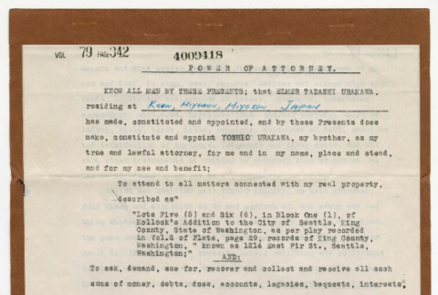 Power of Attorney appointing Yoshio Urakawa for Elmer Tadashi Urakawa (ddr-densho-474-88)