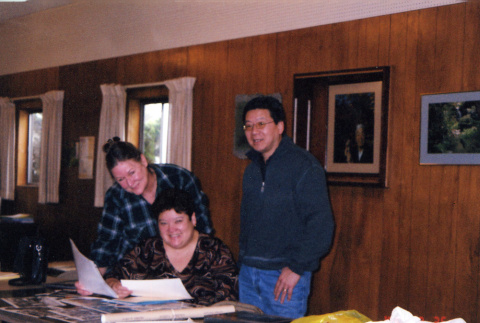 Marguerite Russell, Margo and Jeff Izutsu in Foundation office (ddr-densho-354-1949)
