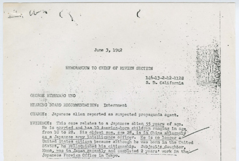 Recommendation for internment of George Kumemaro Uno (ddr-densho-1007-1028)