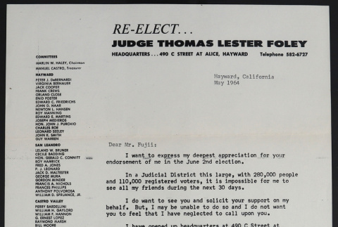 Letter from Thomas Lester Foley to Mr. Fujii (ddr-densho-433-456)