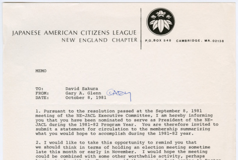 Memo from Gary A . Glenn to David Sakura (ddr-densho-523-771)