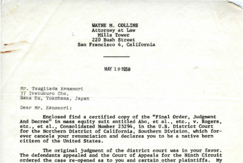 Letter from Wayne M. Collins, Attorney at Law, to Tsugitada Kanamori, May 19, 1958 (ddr-csujad-12-11)