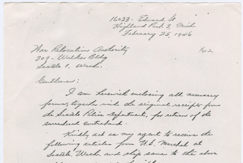 Letter regarding return of surrendered contraband (ddr-densho-355-281)