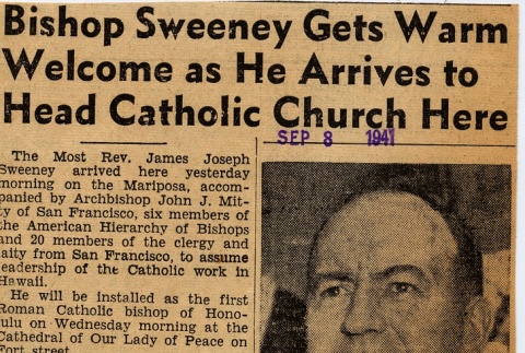 Article regarding Bishop James Sweeney's arrival in Honolulu (ddr-njpa-2-940)