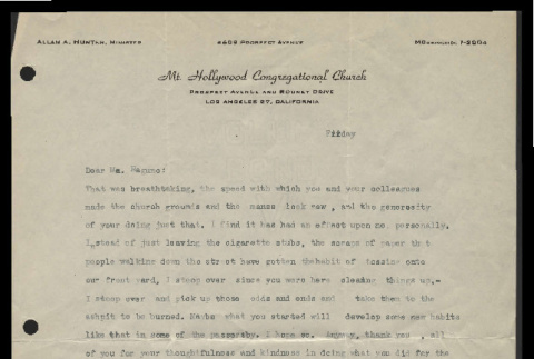 Letter from Allan A. Hunter, Minister, Mt. Hollywood Congregational Church to Shoji Nagumo, 1945 (ddr-csujad-55-910)