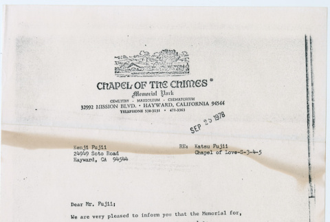 Letter to Kenji Fujii from Office of Chapel of the Chimes (ddr-densho-578-29)