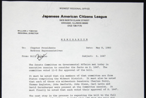 Memo to Chapter Presidents from Bill Yoshino (ddr-chijacl-1-207)
