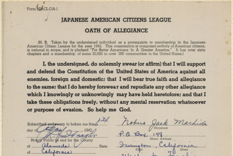 JACL Oath of Allegiance for Nobuo Jack Machida (ddr-ajah-7-85)
