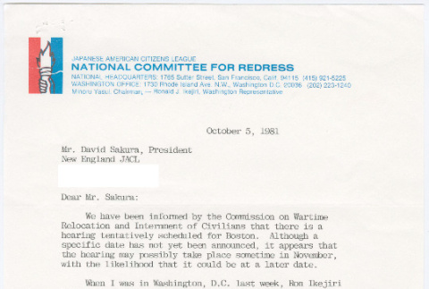 Letter from John Tateishi to David Sakura with attachment on Suggest Hearing procedures for CWRIC (ddr-densho-523-777)