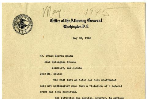 Letter from Francis Biddle, Attorney General of the United States, to Frank Herron Smith, May 30, 1945 (ddr-csujad-21-6)