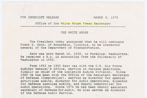 Frank Sato's Department of Transportation appointment announcement (ddr-densho-345-20)