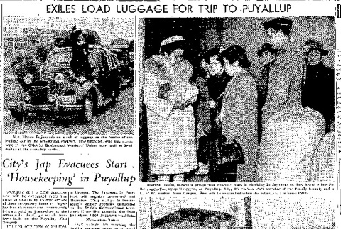 Exiles Load Luggage for Trip to Puyallup. City's Jap Evacuees Start 'Housekeeping' in Puyallup (April 28, 1942) (ddr-densho-56-777)