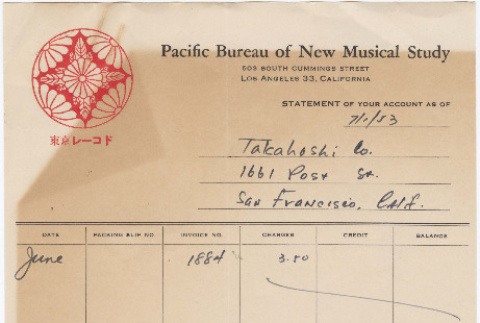 Billing statements from Pacific Bureau of New Musical Study to Takahashi Trading Company (ddr-densho-424-314)