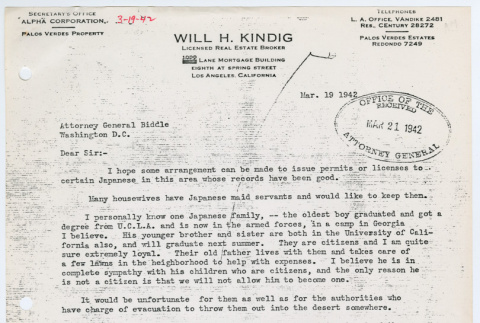 Letter from Will H. Kindig to Attorney General Francis Biddle (ddr-densho-1007-1038)