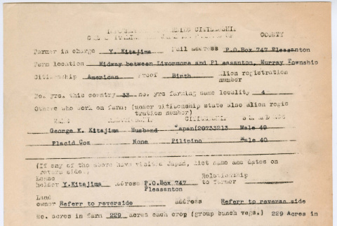 Information concerning citizenship German, Italian and Japanese Farmers of Alameda County and associated documents for Yaeko Kitajima family (ddr-densho-491-81)