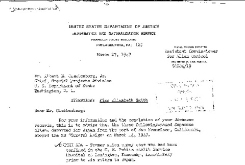 Letter from N.F. Kelly, Assistant Commissioner for Alien Control to Albert Clattenburg, Special Project Division, Department of State (ddr-densho-564-13)