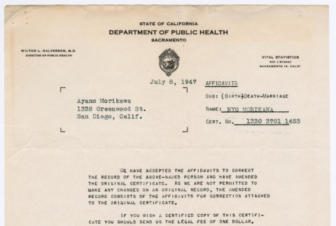 Letter from Wilton L. Halverson, M.D., Registrar of Vital Statistics, and James S. Fuller, Chief Deputy Registrar, State of California Department of Health, to Ayano Morikawa (ddr-densho-446-290)