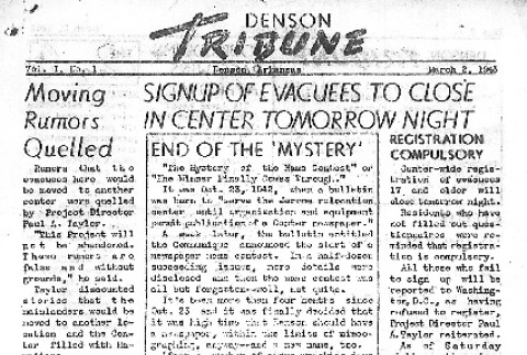 Denson Tribune Vol. I No. 1 (March 2, 1943) (ddr-densho-144-42)