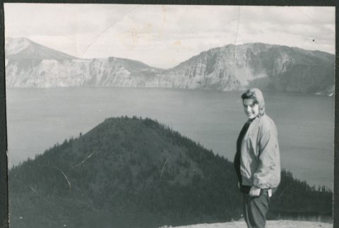 Woman standing by Crater Lake (ddr-densho-523-393)