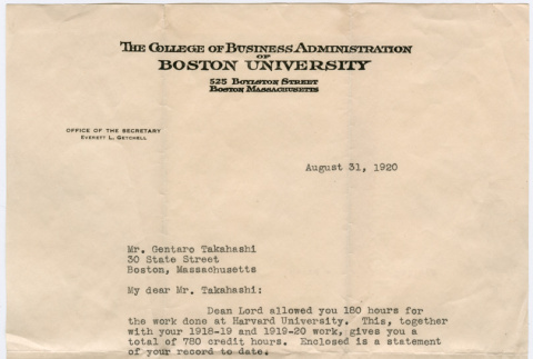Letter to Gentaro Takahashi from Boston University (ddr-densho-355-121)
