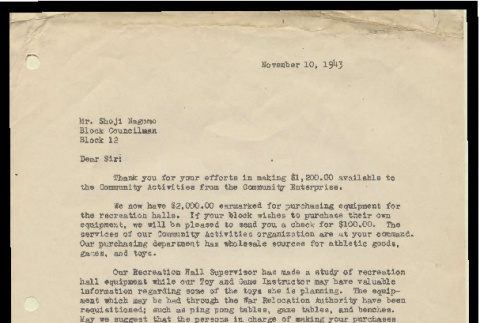 Letter from Ricardo Ritchie, Chairman, C.A. Board of Trustees, to Mr. Shoji Nagumo, Block Councilman, Heart Mountain, November 10, 1943 (ddr-csujad-55-714)
