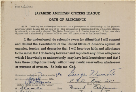 JACL Oath of Allegiance for George Nemoto (ddr-ajah-7-107)