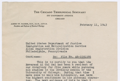 Letter from Albert W. Palmer to Alien Registration Division (ddr-densho-446-83)