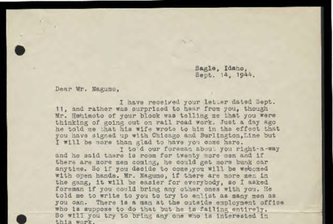 Letter from Mark S. Tsunokai to Mr. Shoji Nagumo, September 14, 1944 (ddr-csujad-55-901)