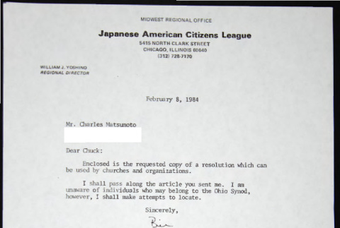 Letter to Charles Matsumoto from William Yoshino (ddr-chijacl-1-723)