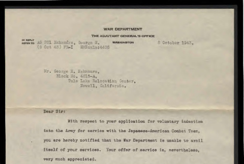 Letter from J.A. Ulio, Major General, The Adjutant General, to George H. Nakamura, October 8, 1943 (ddr-csujad-55-2372)