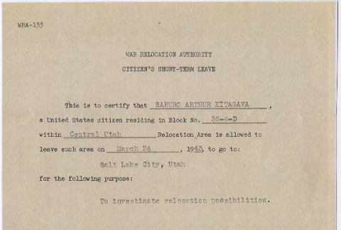 Citizen Short-term leave authorization for Saburo Arthur Kitagawa (ddr-densho-539-43)