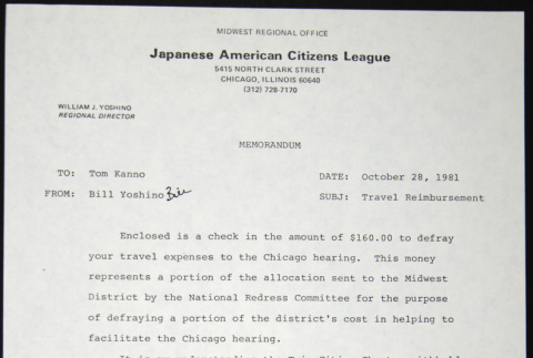 Memo to Tom Kanno from Bill Yoshino (ddr-chijacl-1-531)